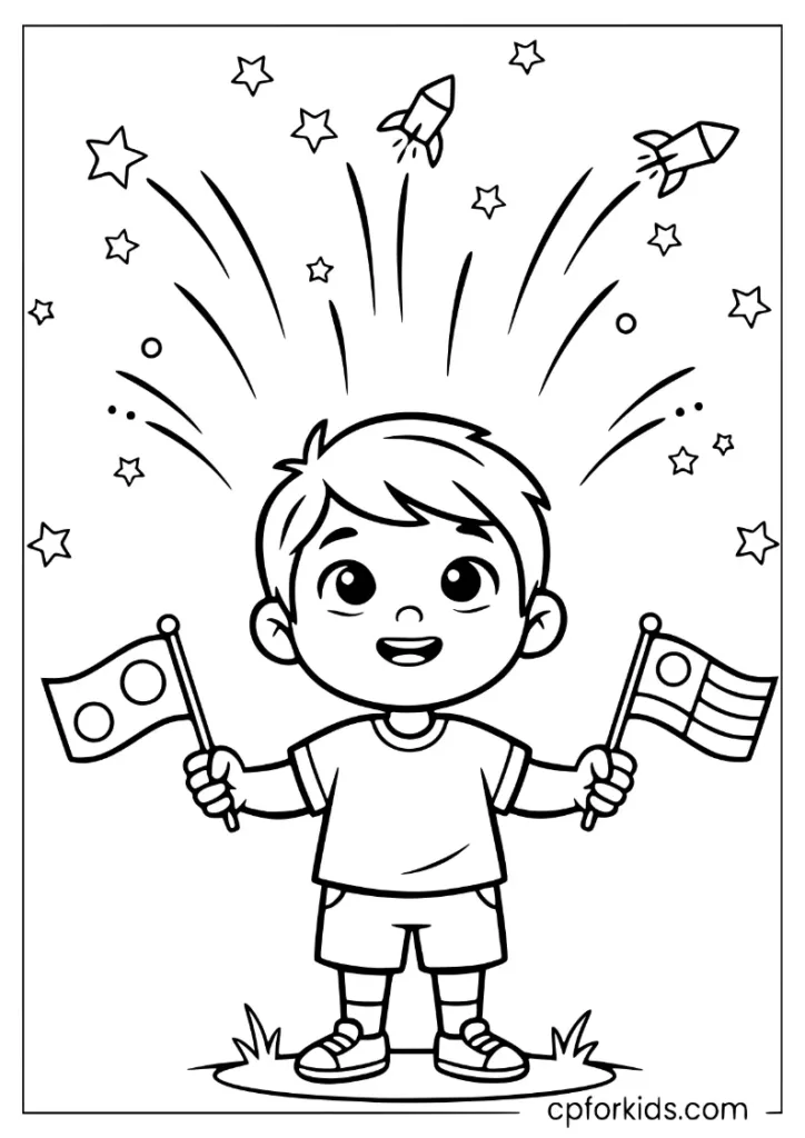 Preschool child watching paper rockets in a yard while holding flags