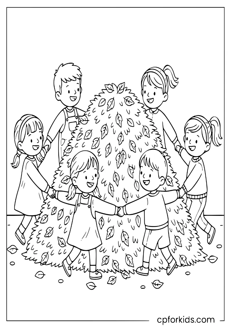 Children holding hands and dancing around a pile of leaves in a schoolyard
