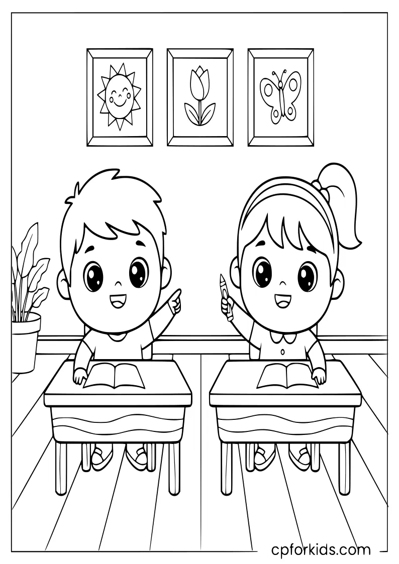 Two preschool kids at desks with May wall drawings