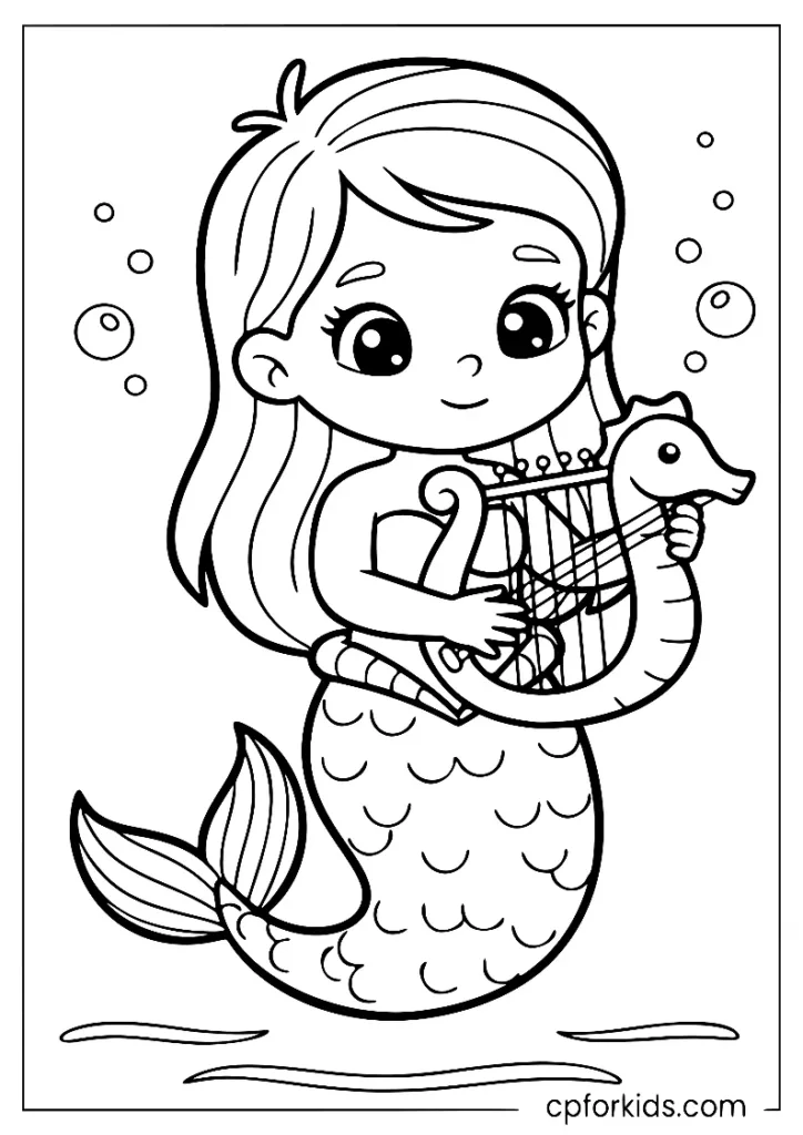 Preschool mermaid playing a seahorse harp coloring page