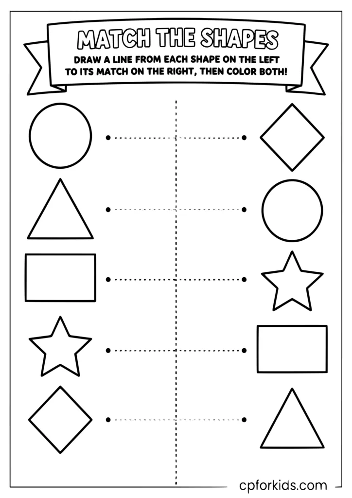 Preschool shapes matching coloring page with draw a line to match activity for kids