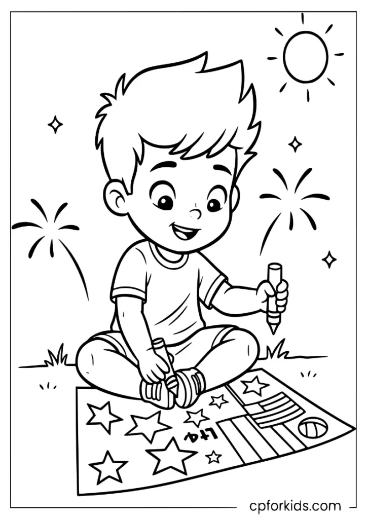 Preschooler drawing a poster on a large sheet of paper