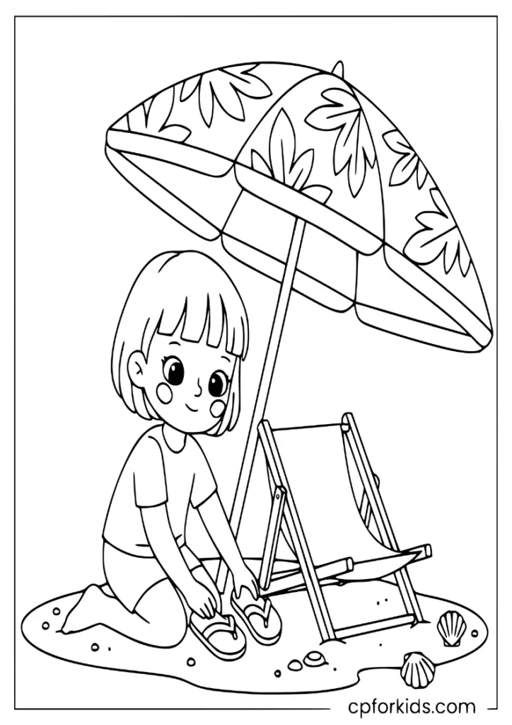 Preschooler placing flip-flops by a beach chair under a tropical umbrella.