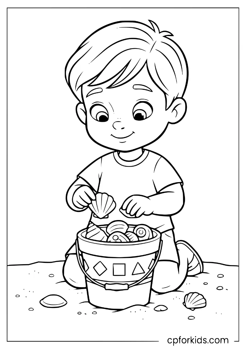 Preschooler filling a patterned sand bucket with seashells