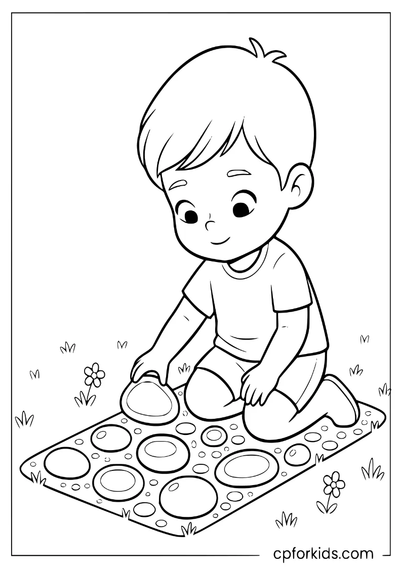 Preschooler sorting small stones by size on a garden path
