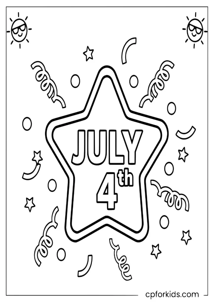 Large star-shaped shield with July 4th text surrounded by ribbons and confetti