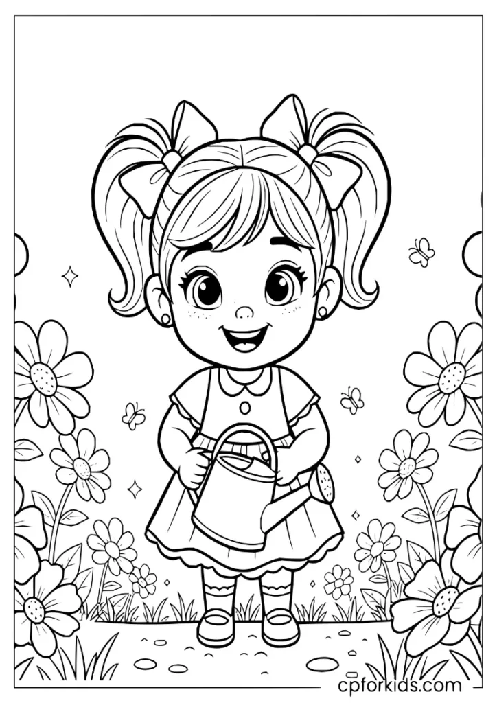 Little girl watering summer flowers in a gardening scene