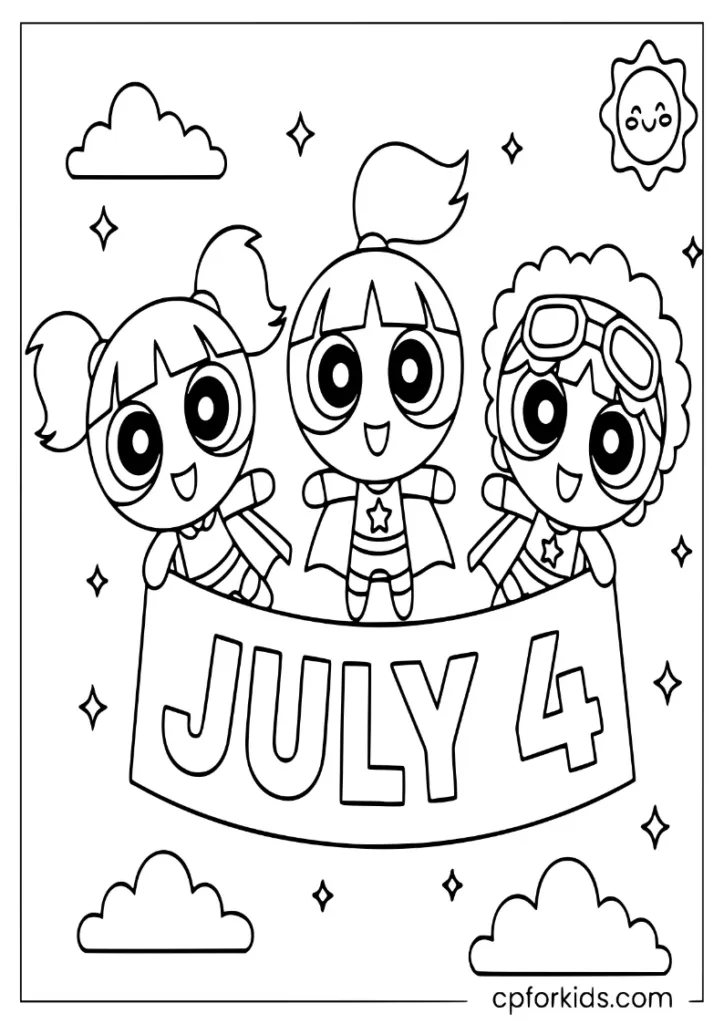 Three cute superhero sisters flying with a large July 4 banner