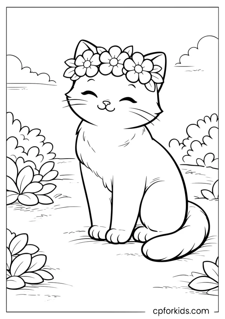 Pretty cat wearing a flower crown in a garden coloring page