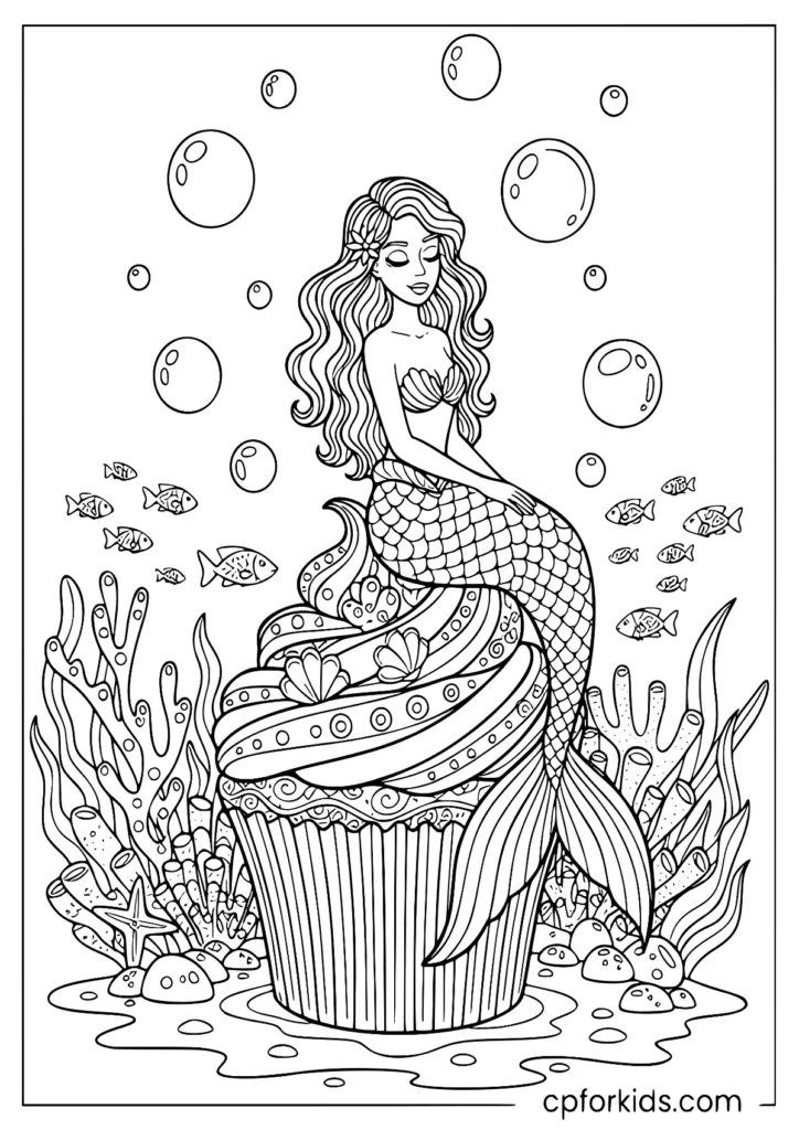 Mermaid sitting on giant cupcake in underwater scene
