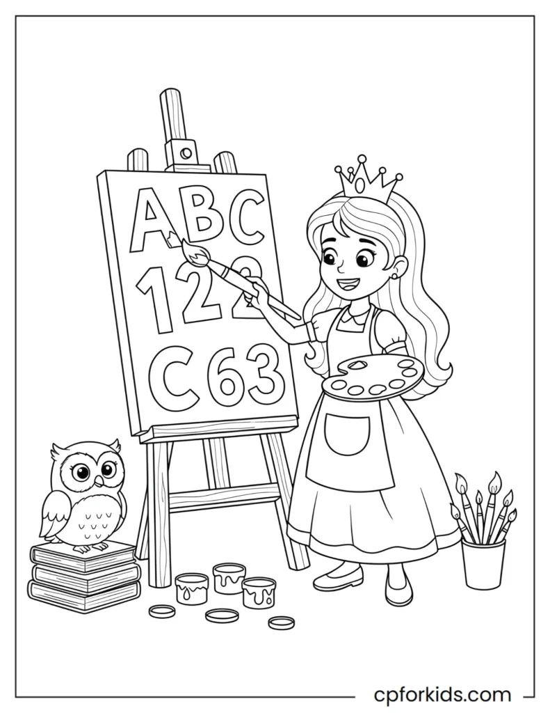 Coloring illustration of a princess painting letters and numbers on a canvas, promoting literacy, numeracy, and creative learning for children.