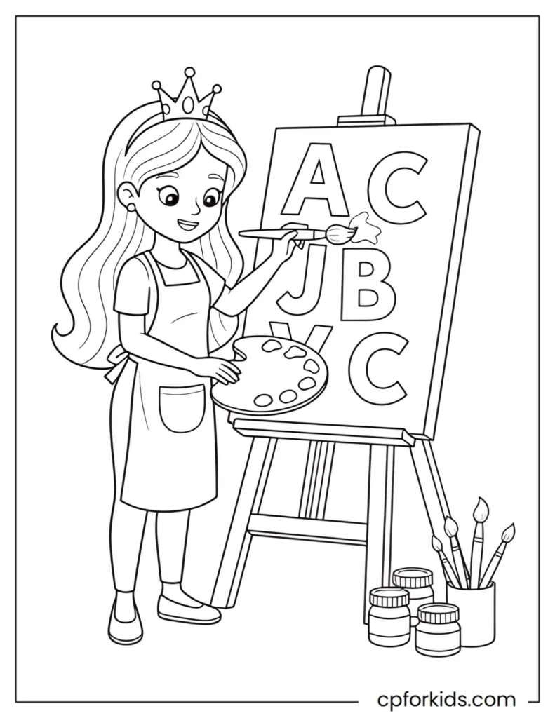 Printable coloring page of a princess painting letters of the alphabet, combining literacy, art, and creativity for educational fun.