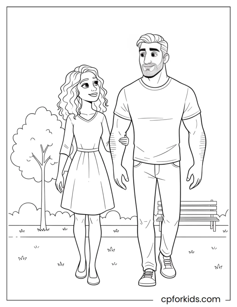 Princess and prince walking together in a park coloring page