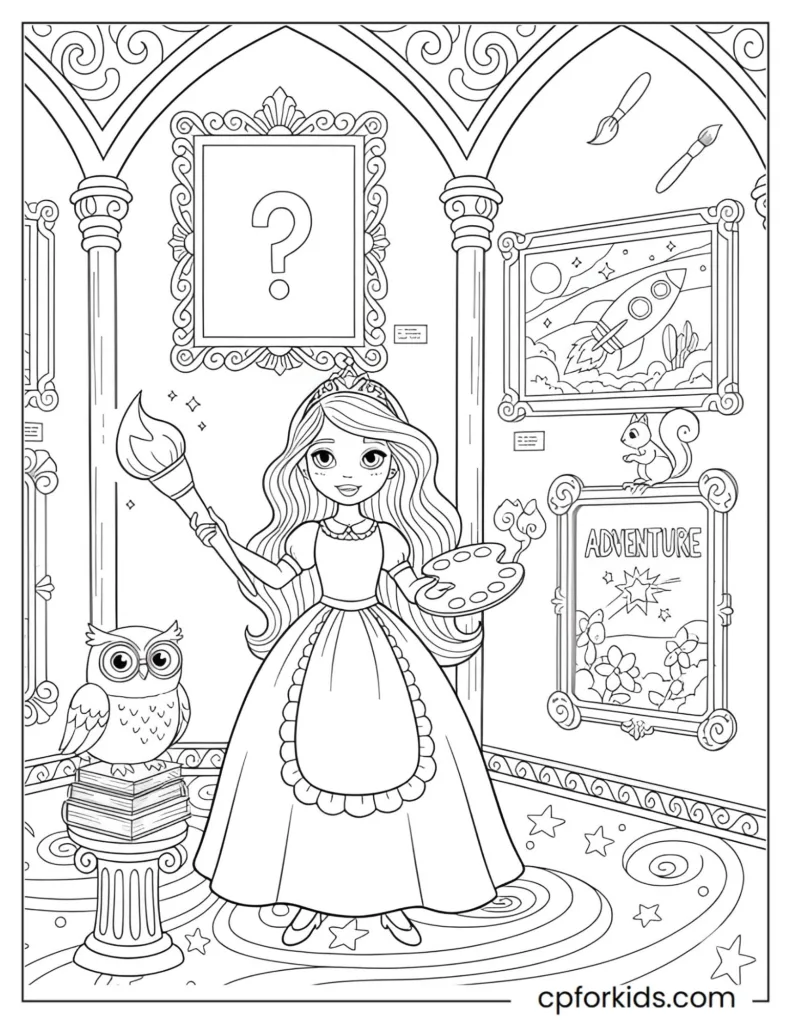 Coloring design of a princess exploring a magical art gallery with paintings and sculptures, encouraging art appreciation, creativity, and learning for children.