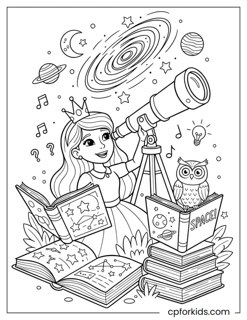 Printable coloring page of a princess exploring the night sky with telescope and books, promoting astronomy knowledge and curiosity in children.