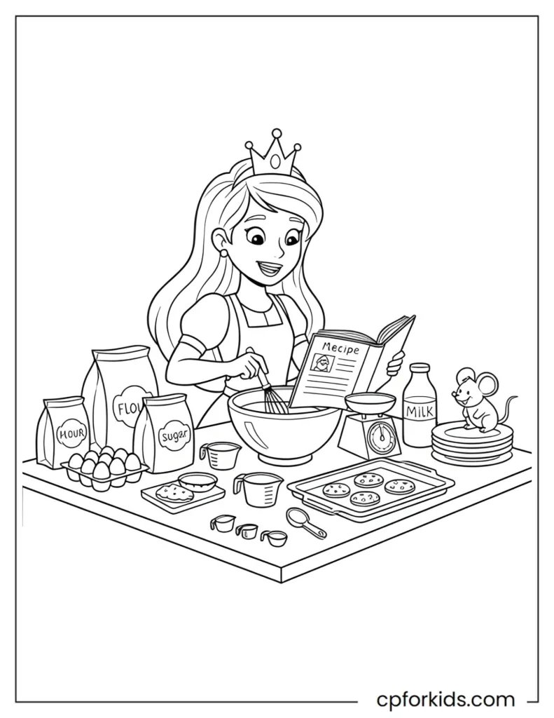 Coloring page of a princess baking with a recipe book, combining cooking, math, and following instructions for an educational and interactive activity for children.