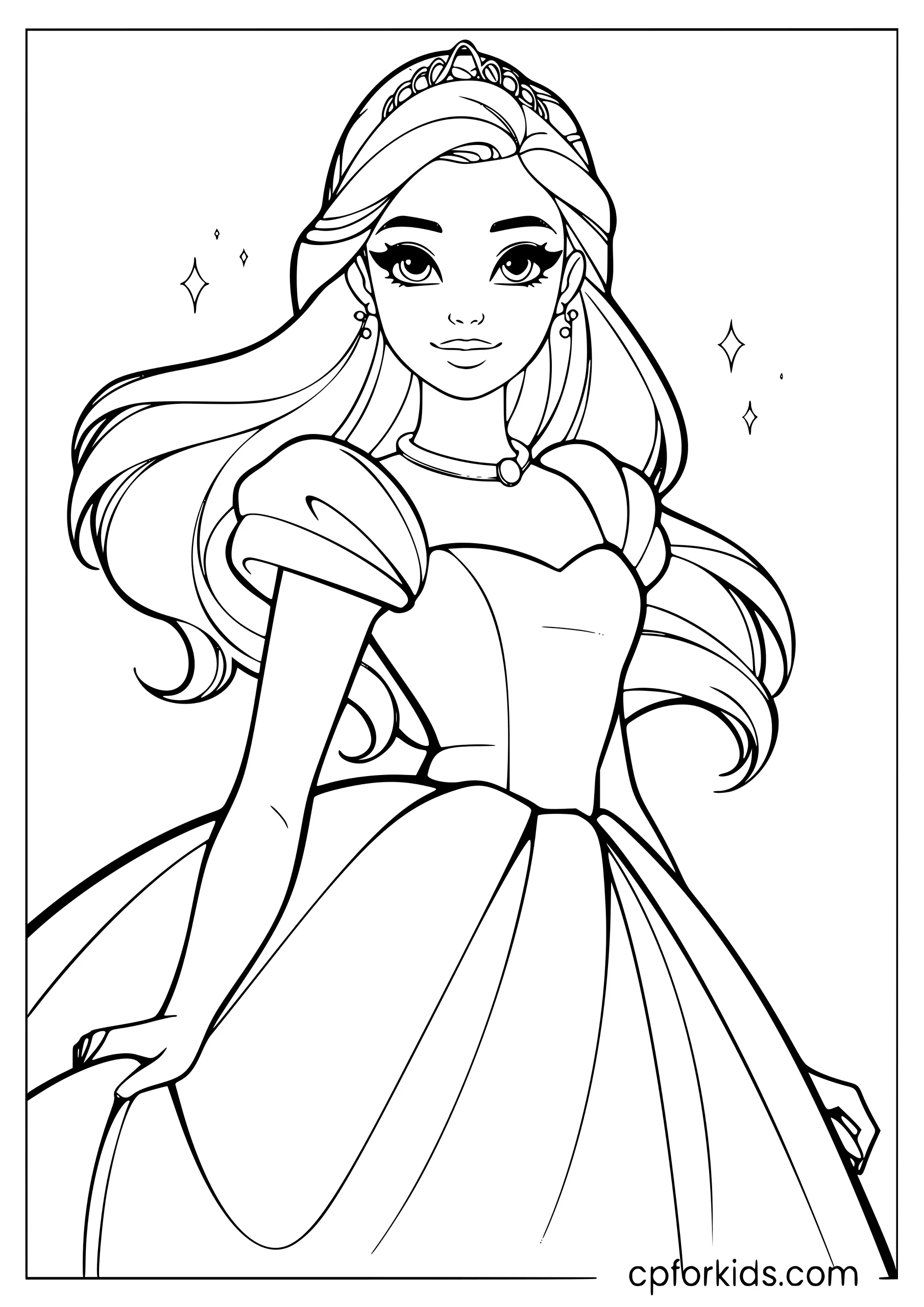 Barbie in a layered ball gown with a tiara, skirt spread wide