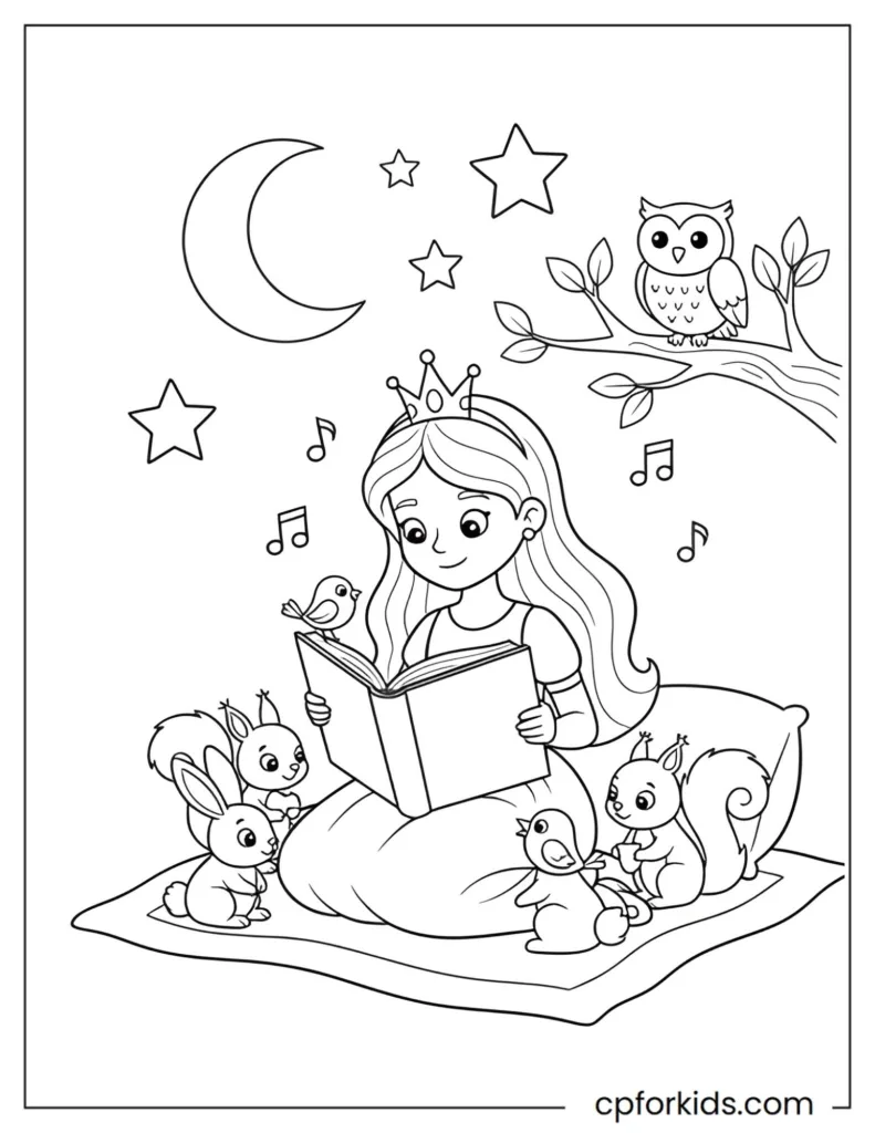 Coloring page of a princess reading bedtime stories to forest animals, fostering empathy, literacy, and storytelling habits in children.