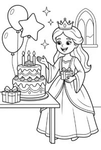 A princess celebrating beside a large birthday cake