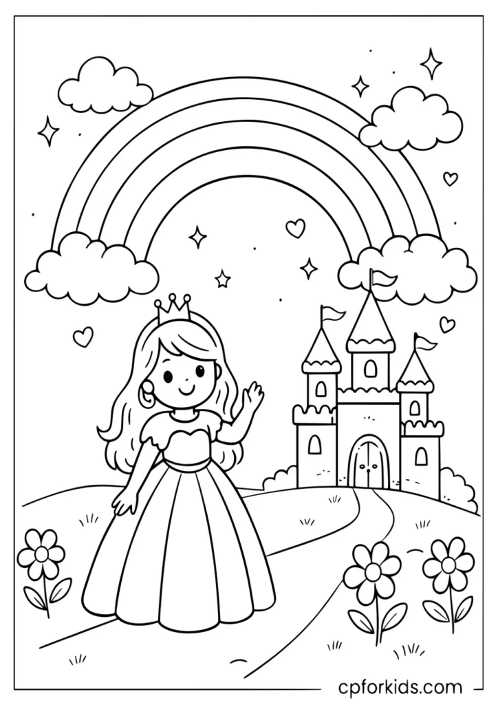 Princess castle and rainbow coloring page