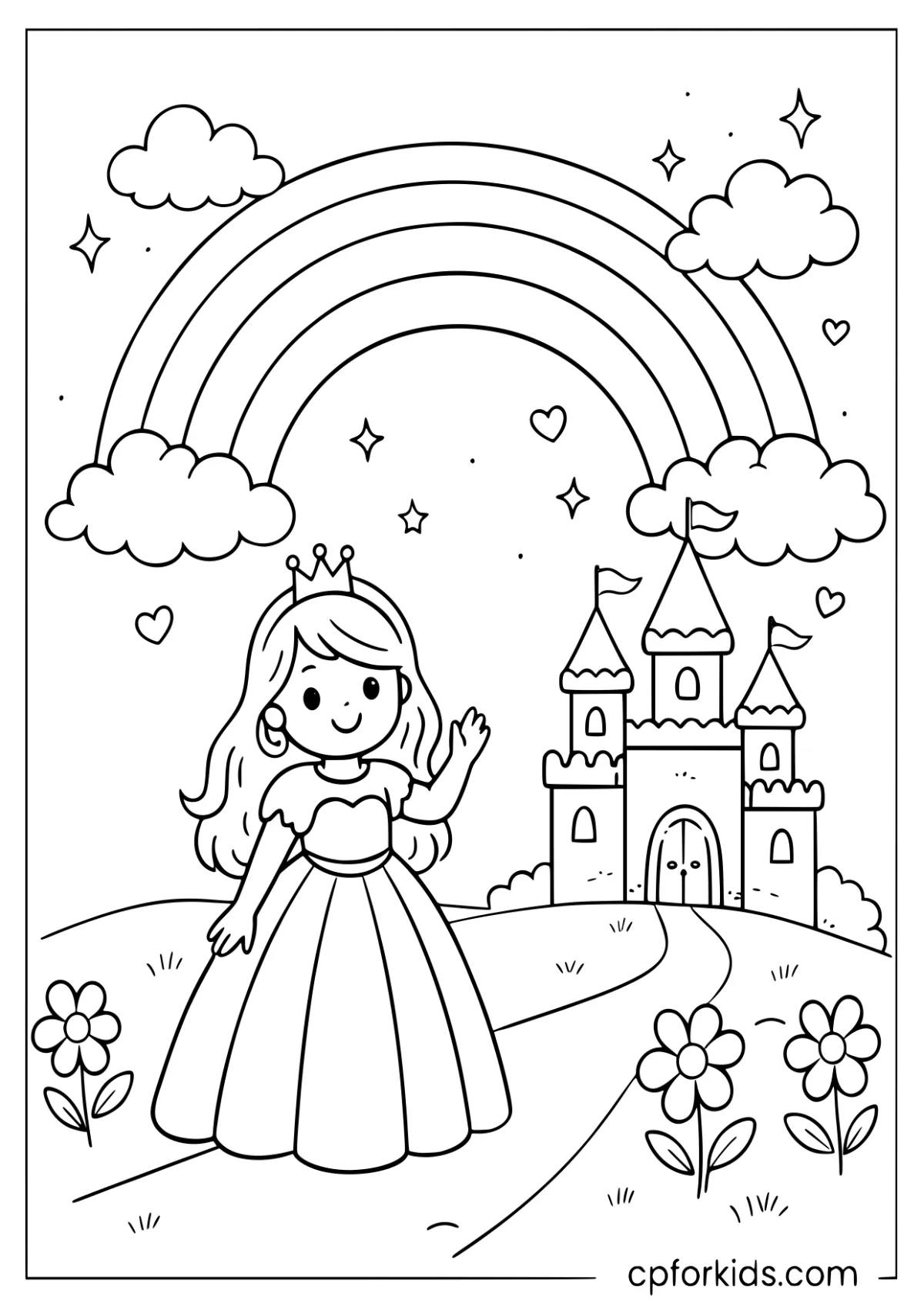 Princess castle beneath a rainbow