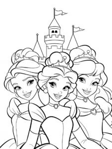 Three princesses celebrating in front of a castle