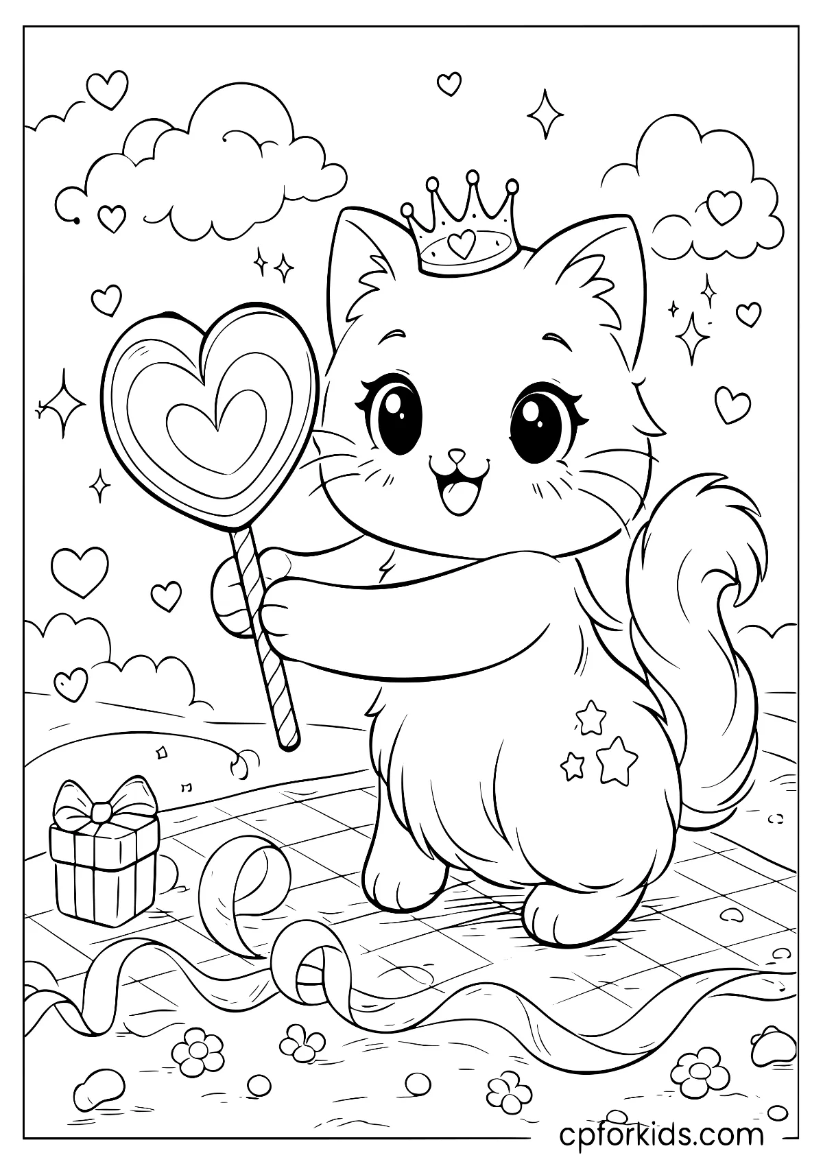 Princess cat holding a heart-shaped lollipop gift