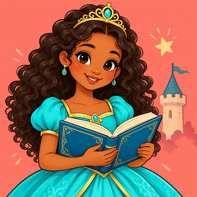 Curly haired princess holding an open storybook