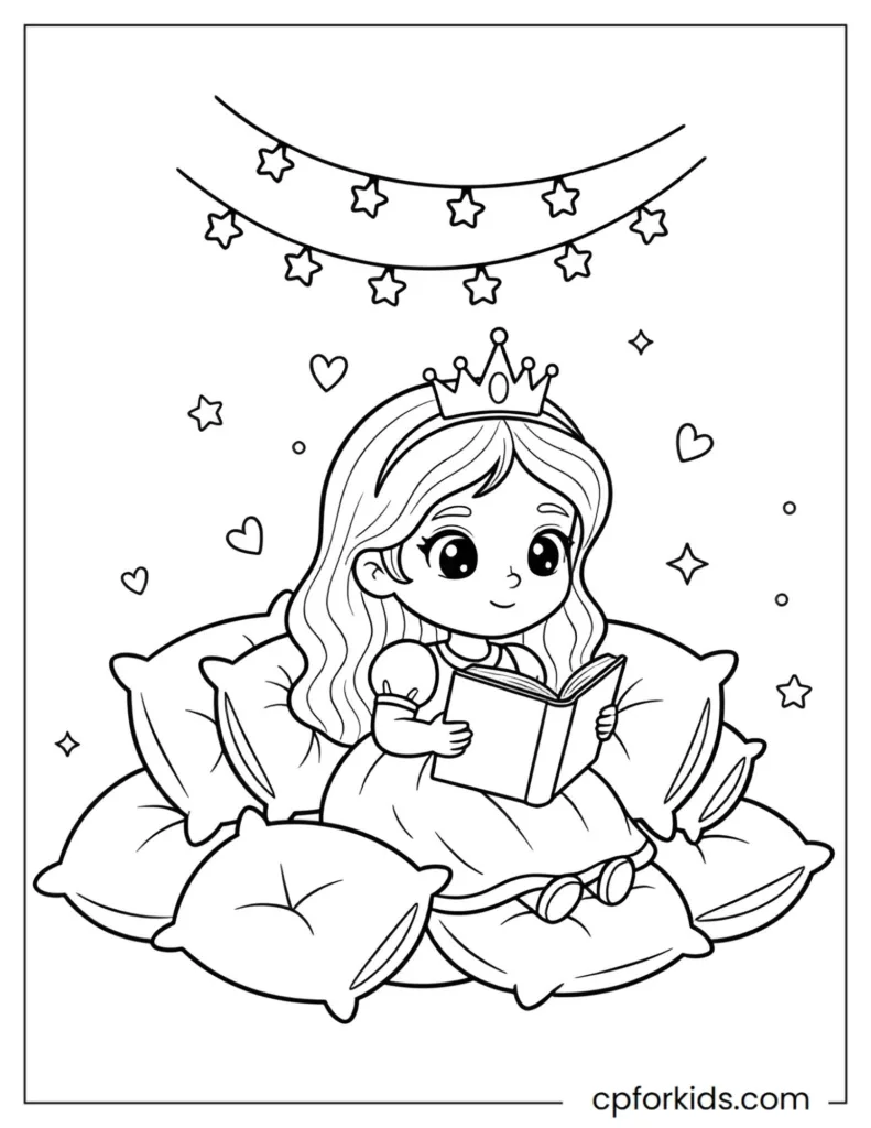 Cozy reading nook princess relaxing with a book coloring page.