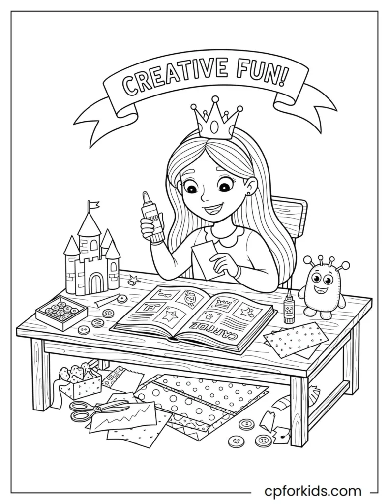 Coloring page of a princess creating a craft using instructions, promoting creativity, fine motor skills, and educational play.