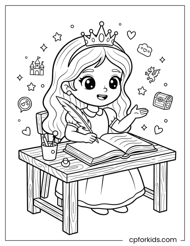 Coloring page of a cute princess creating her own magical storybook, promoting creativity, storytelling, imagination, and early literacy skills for kids.