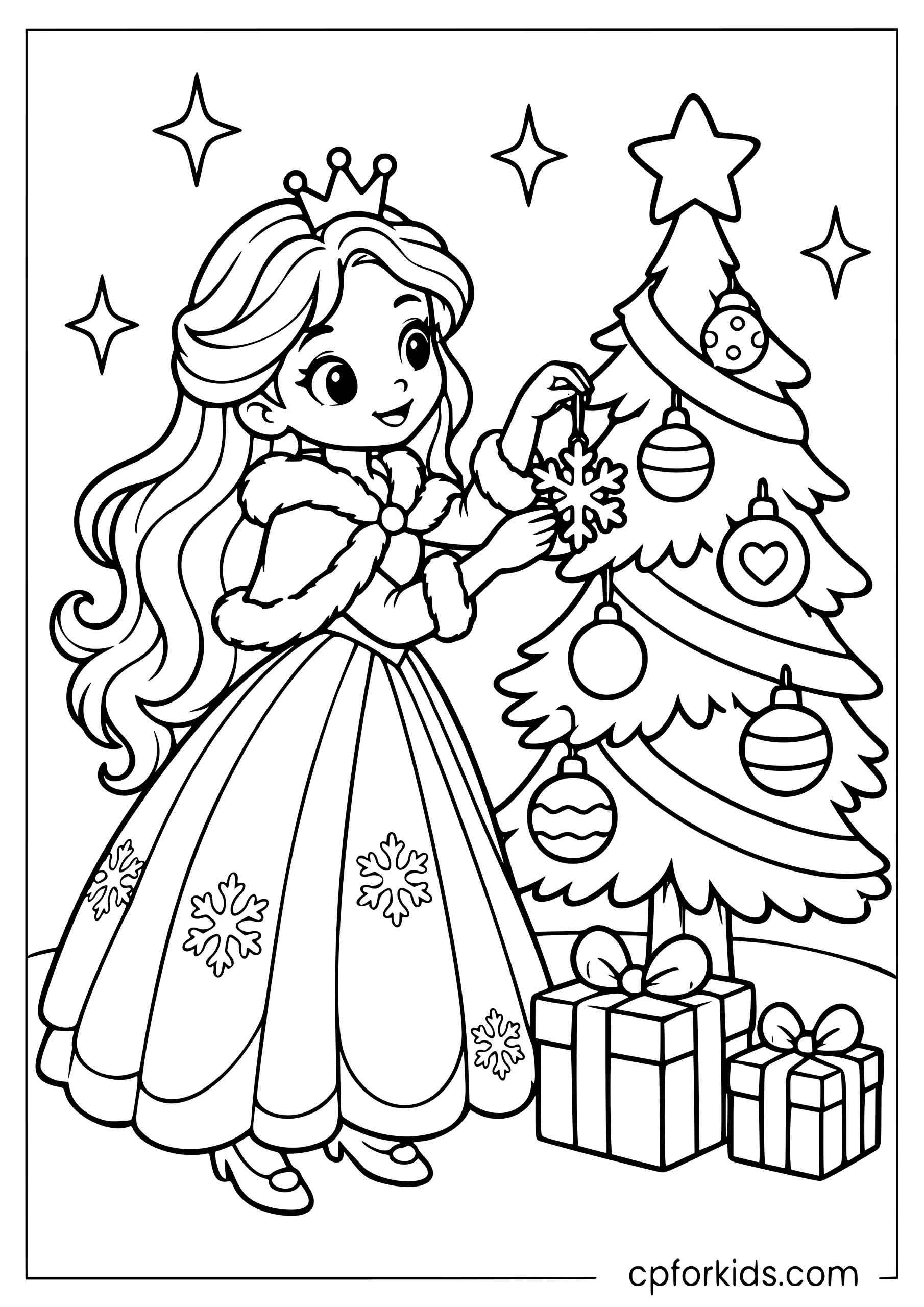 Princess hanging a snowflake ornament on Christmas tree
