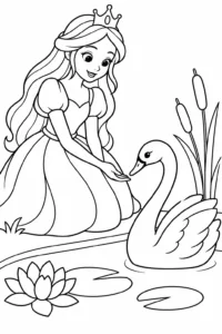 A princess feeding a swan beside a pond