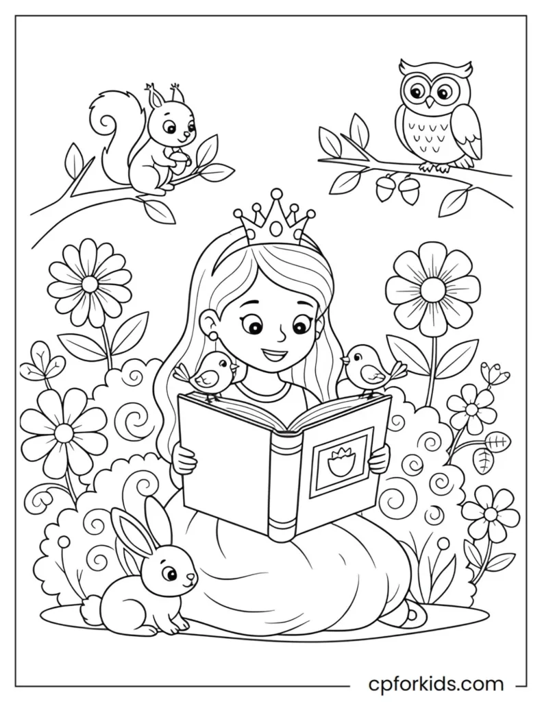 Coloring page of a princess reading in a garden with friendly animals, promoting outdoor learning, literacy, and storytelling skills for children.