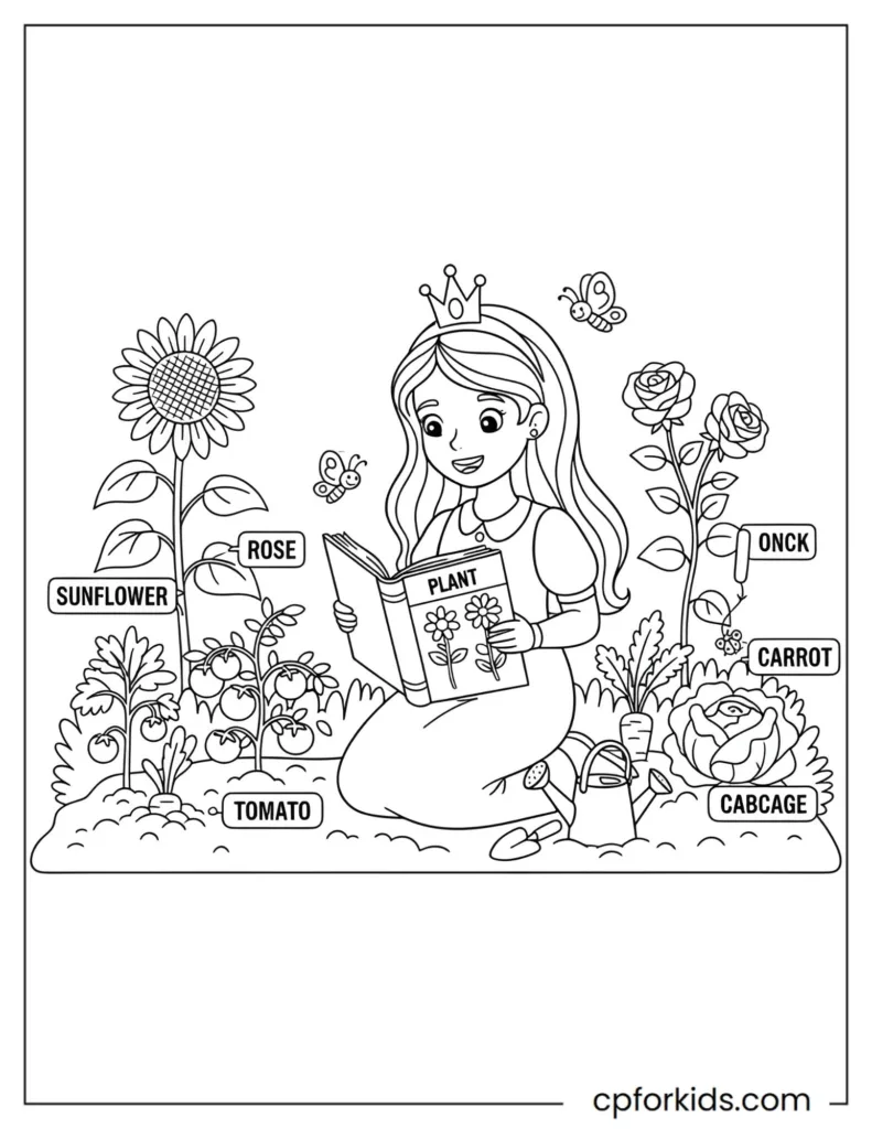 Coloring page of a princess gardening with labeled flowers and vegetables, teaching children about plants, nature, and reading through educational play.