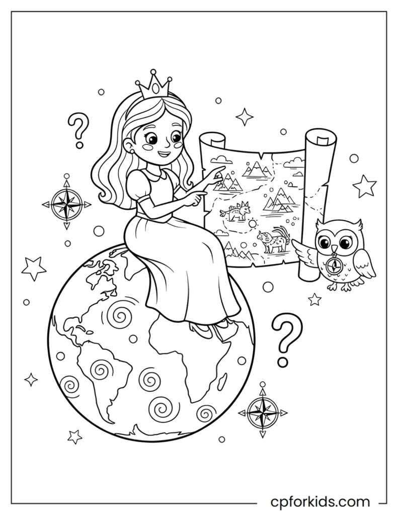 Educational coloring page of a princess exploring a globe and map, promoting geography skills, curiosity, and adventure learning for children.