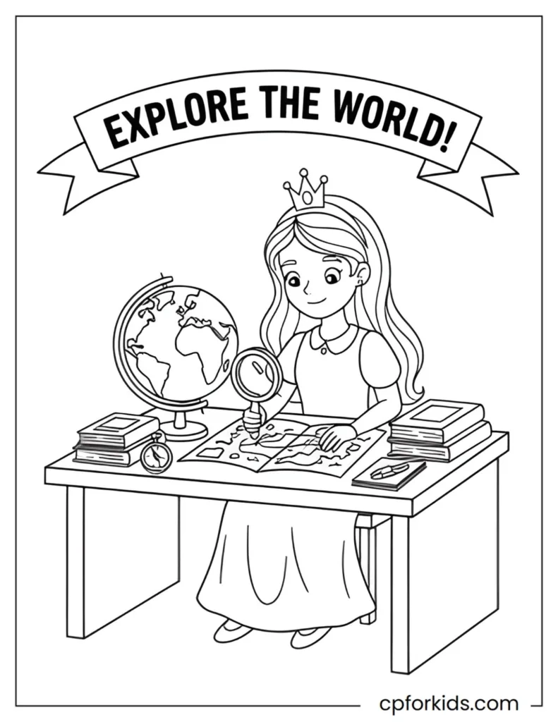 Coloring page of a princess exploring the globe with a magnifying glass, teaching geography, maps, and interactive learning for kids.