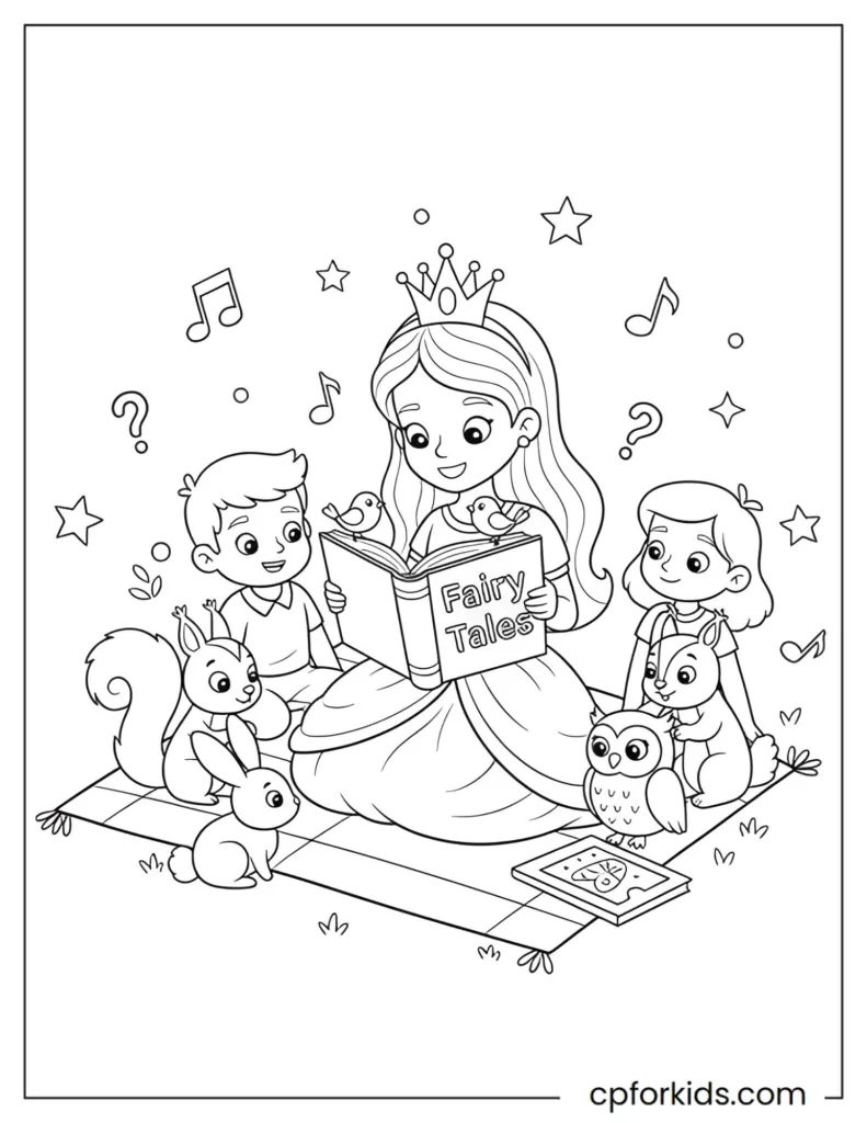 Coloring sheet of a princess and friends reading together, encouraging teamwork, literacy, and social skills in children.