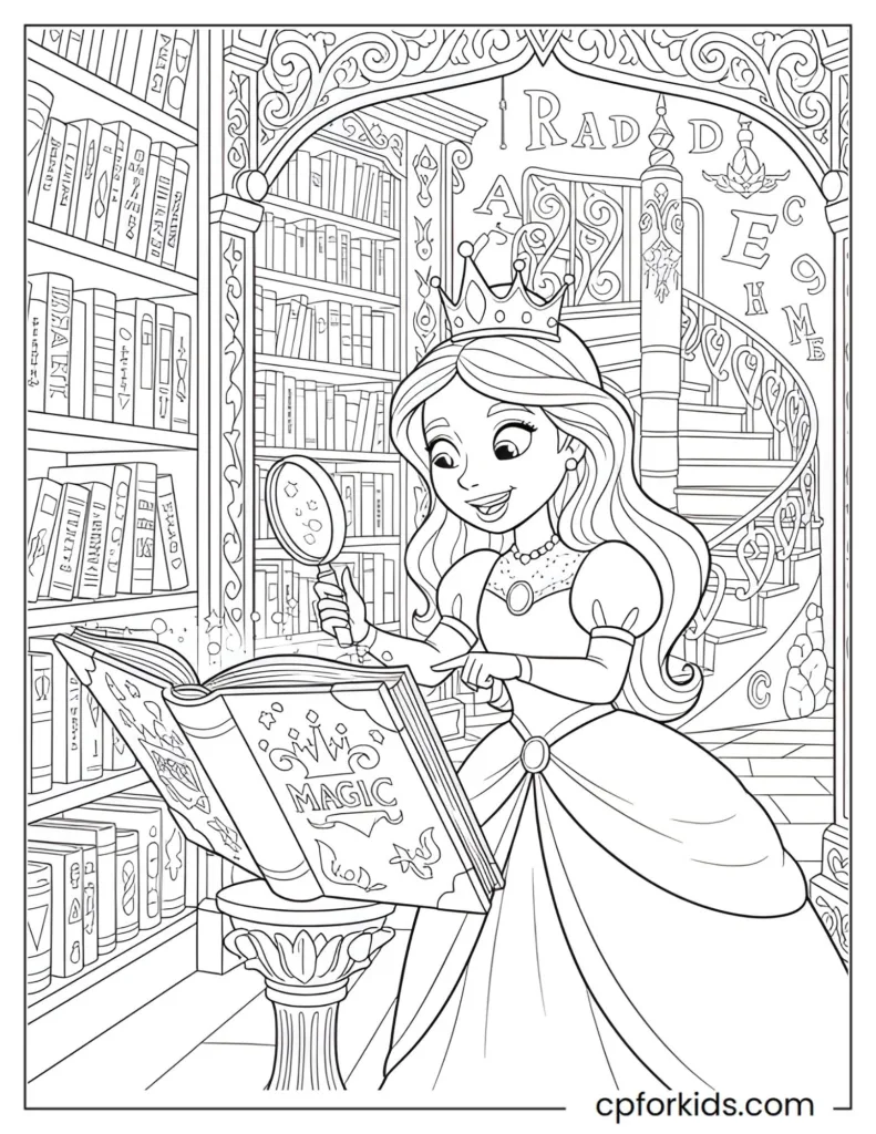 Interactive coloring page of a princess discovering hidden letters and words in a magical library, promoting reading skills and educational play.