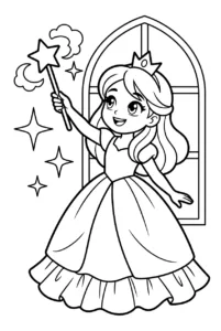 A princess raising a magic wand with sparkles around it