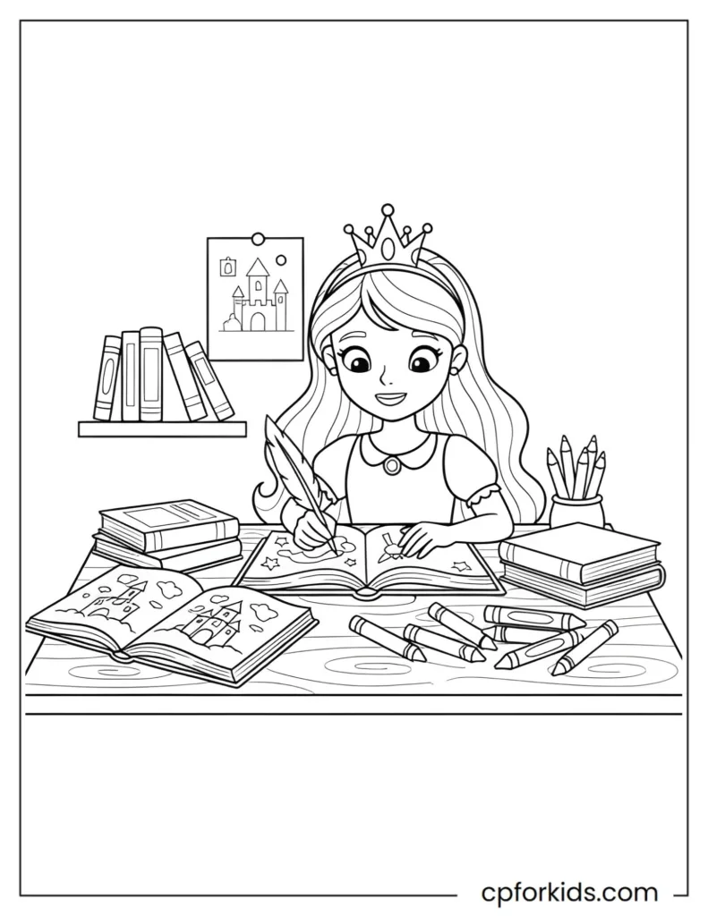 Educational coloring page of a princess writing and drawing in a journal, surrounded by books and crayons, fostering creativity, literacy, and imagination.