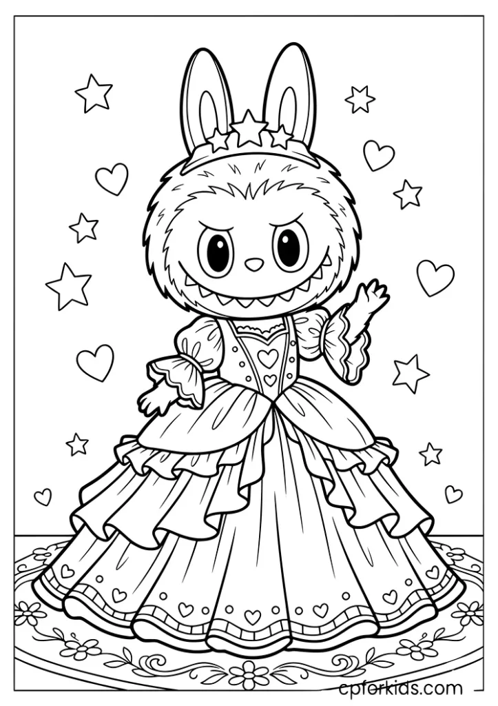 Princess Labubu wearing a tiara and a beautiful ball gown coloring page