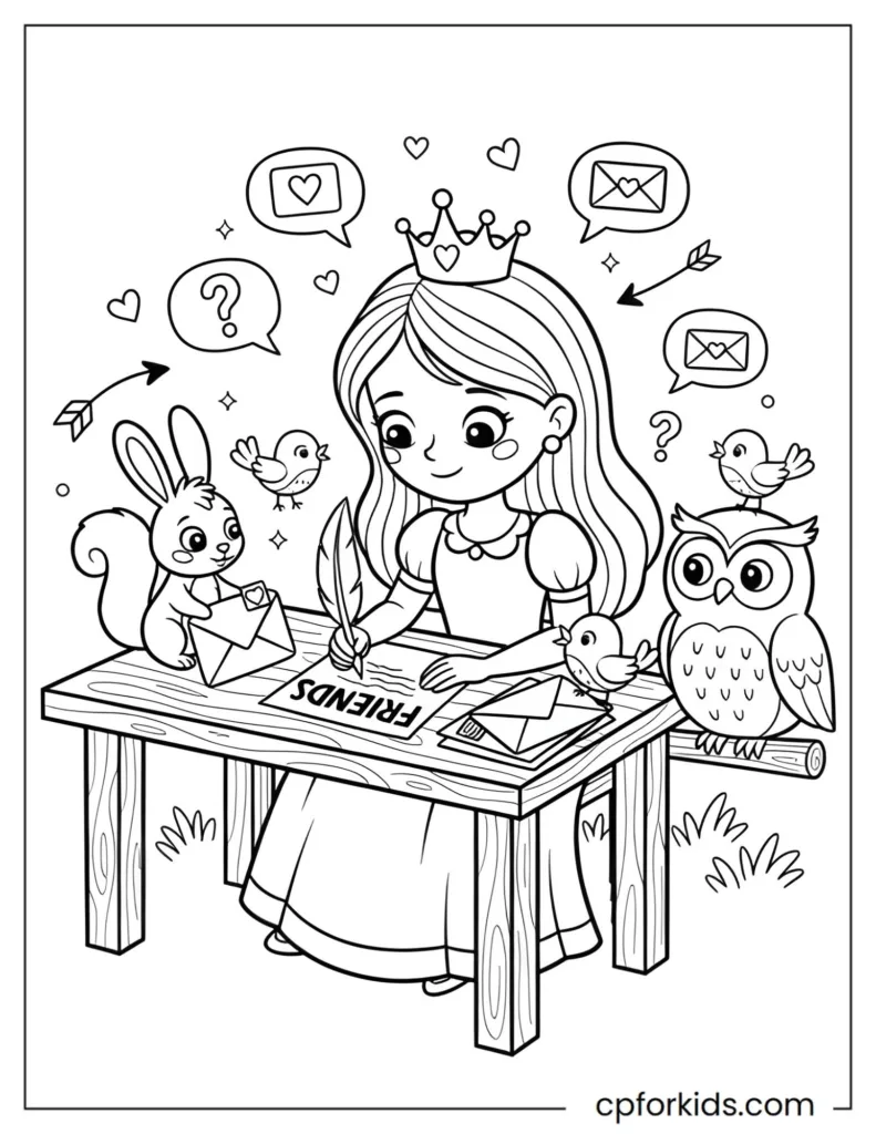 Printable coloring page of a princess writing letters to friends, fostering literacy, communication skills, and empathy in children.
