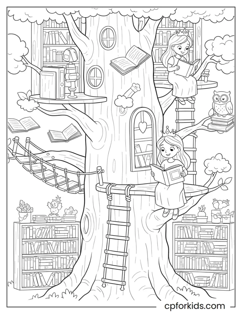 Coloring page of a princess exploring a library treehouse, promoting literacy, adventure, and imaginative learning for children.