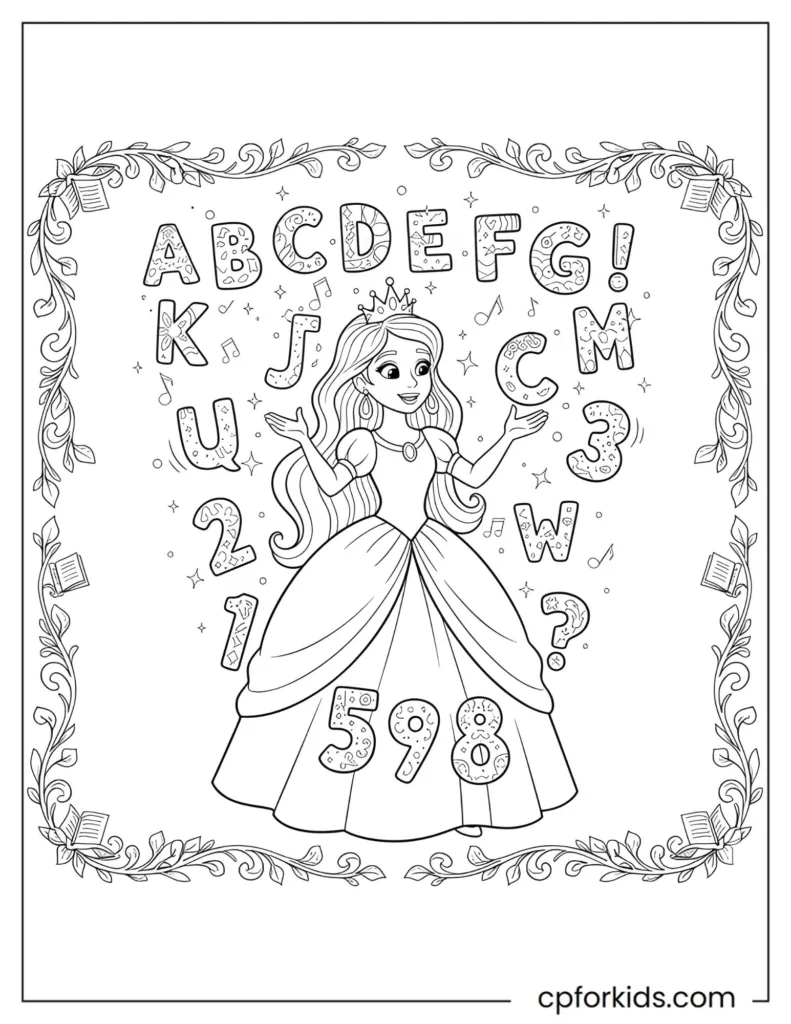Reading princess exploring magic letters and numbers coloring page