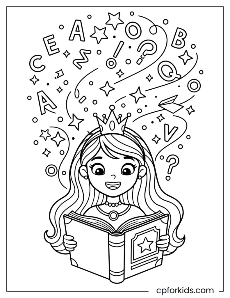 Coloring page of a princess holding an open spellbook with floating letters and symbols, designed to encourage imaginative play and educational reading for children.