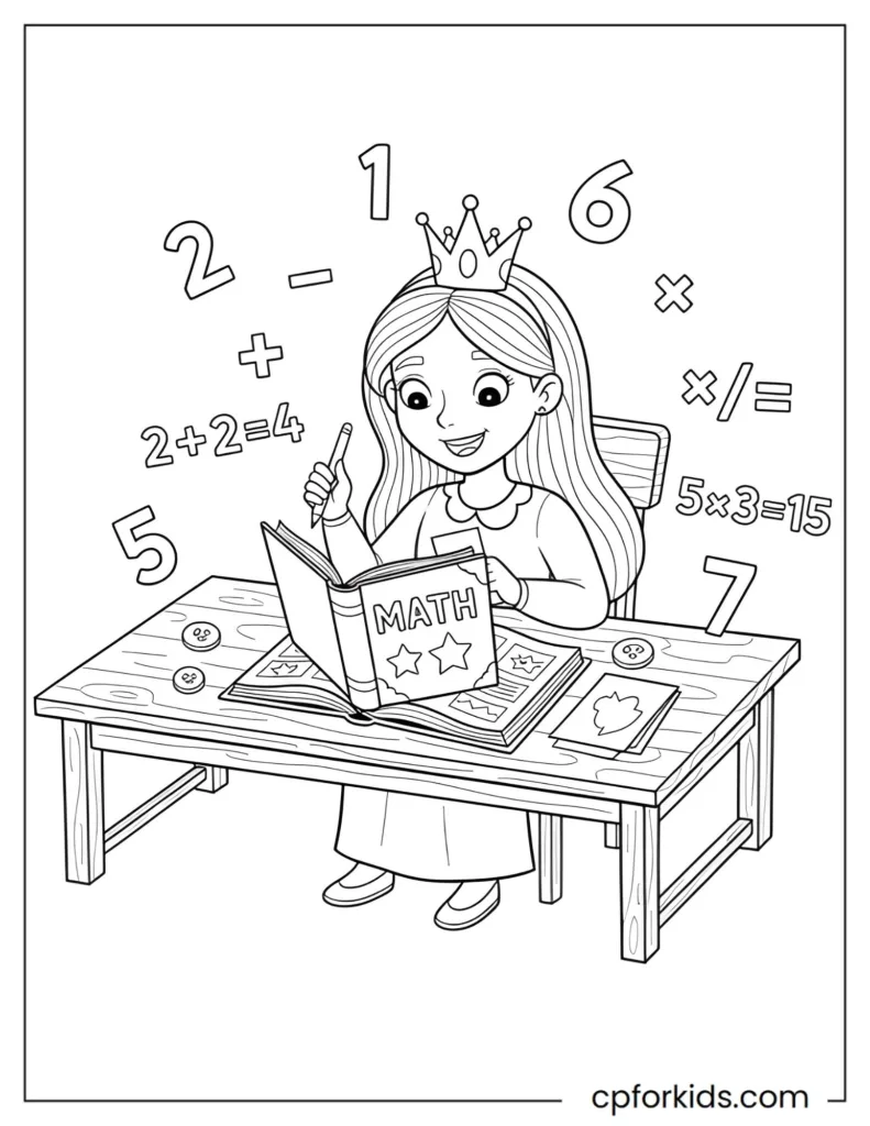 Coloring page of a princess learning math with floating numbers, designed to encourage numeracy, problem-solving, and educational play.