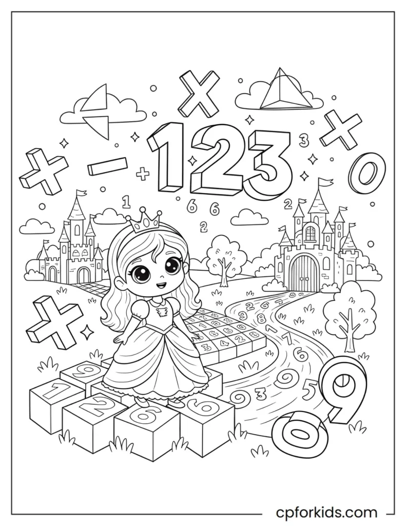 Coloring image of a princess exploring a magical math kingdom with floating numbers, encouraging numeracy, counting, and fun educational activities for children.