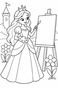 A princess painting flowers on an easel in a castle garden