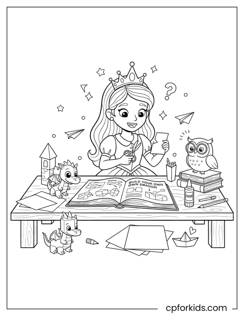 Printable coloring design of a princess creating paper crafts using instructions, promoting fine motor skills, creativity, and educational play.